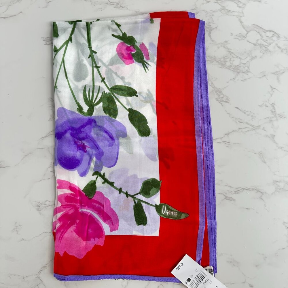Vera Neumann Silk Scarf, 52x15 Oblong, Prima Vera Collection, Red Purple Pink
